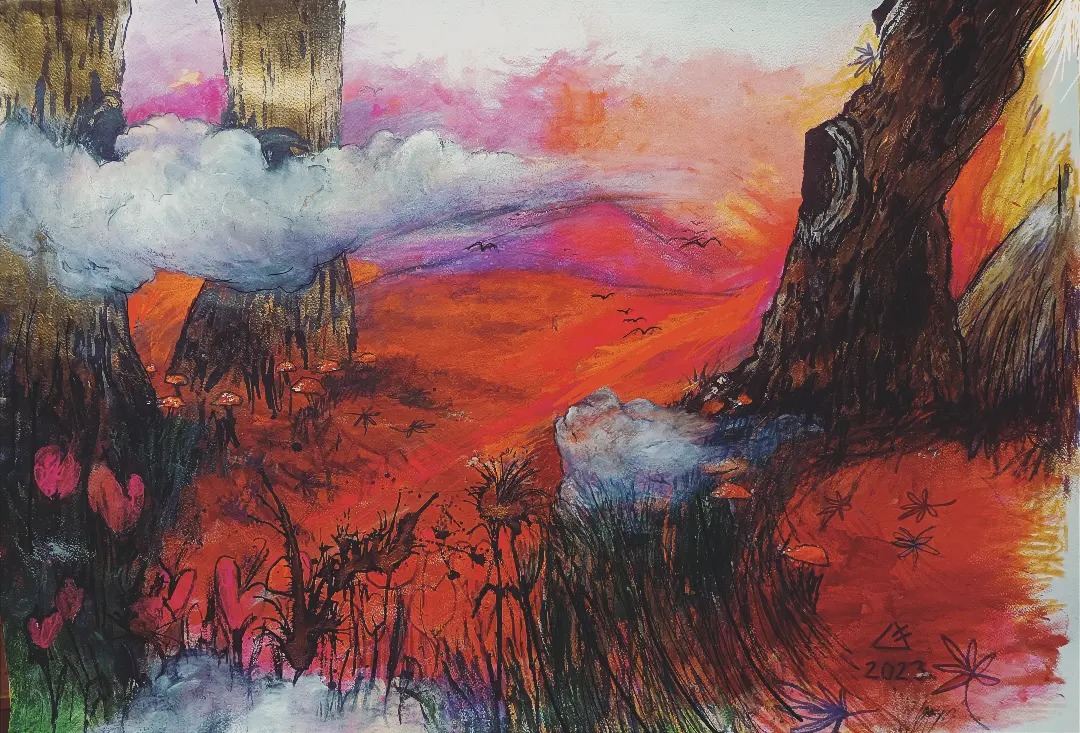 un sentiero nel bosco (tecnica mista) 100 x 70 cm; 2024; 200€